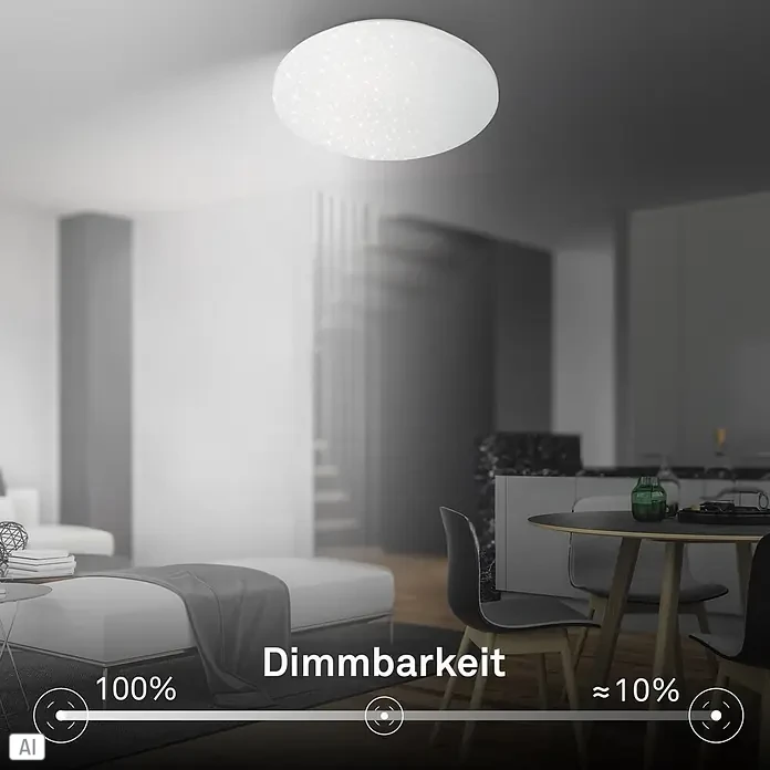LED-Deckenleuchte rund Luminus - 24 W, Ø x H: 34 x 6 cm, Weiß, Warmweiß - Runde, weiße Deckenleuchte mit Sternen-Effekt, die einen modernen Raum beleuchtet. Ihre Dimmbarkeit von 100% auf ca. 10% wird demonstriert.
