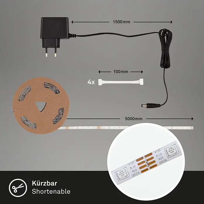 Briloner LED-Band Flexband - Länge: 5 m, Lichtfarbe: RGBW, 22 W - Ein LED-Streifen-Set mit Netzteil, 5000mm Streifen auf Rolle, 4 Anschlüssen und Nahaufnahme der Kürzbarkeit.