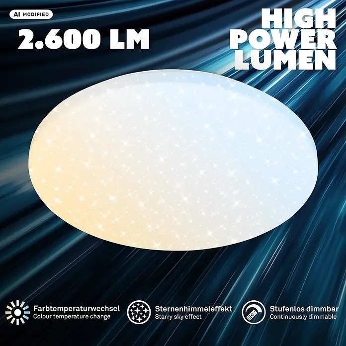 LED-Deckenleuchte rund Luminus - 24 W, Ø x H: 34 x 6 cm, Weiß, Warmweiß - Ovale LED-Deckenleuchte mit Sternenhimmel-Effekt, Farbtemperaturwechsel und Dimmfunktion. 2.600 Lumen.