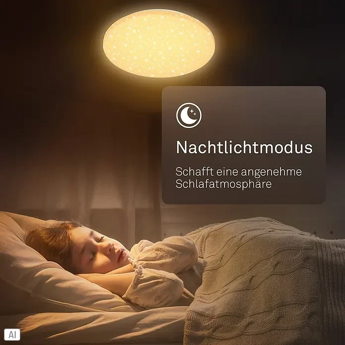 LED-Deckenleuchte rund Luminus - 24 W, Ø x H: 34 x 6 cm, Weiß, Warmweiß - Runde Deckenleuchte mit Sternenmuster und warmem Licht über einem schlafenden Kind, demonstriert Nachtlichtmodus.