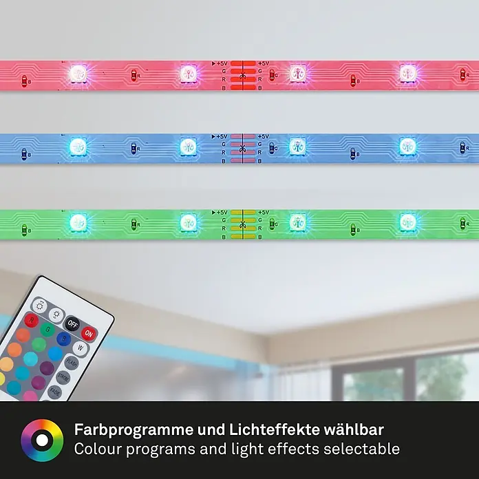 Briloner LED-Band Flexband - Länge: 5 m, Lichtfarbe: RGBW, 22 W - RGB-LED-Streifen in Rot, Blau und Grün mit Fernbedienung. Zeigt wählbare Farbprogramme und Lichteffekte.
