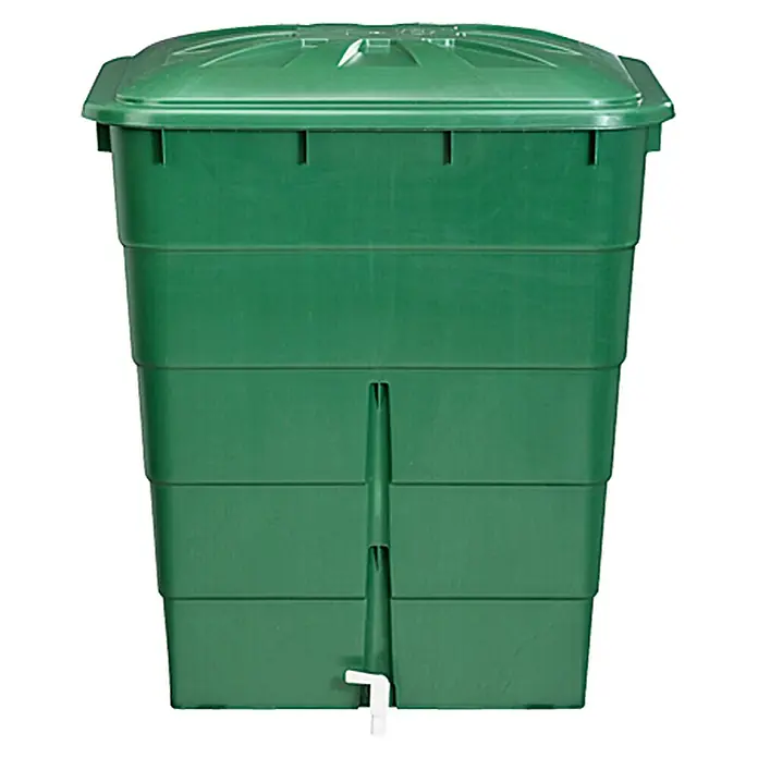 Garantia Basic Line Regentonne - 300 l, Grün - Ein grüner, quadratischer Regenwassertank mit Deckel und einem kleinen Wasserhahn an der Vorderseite.