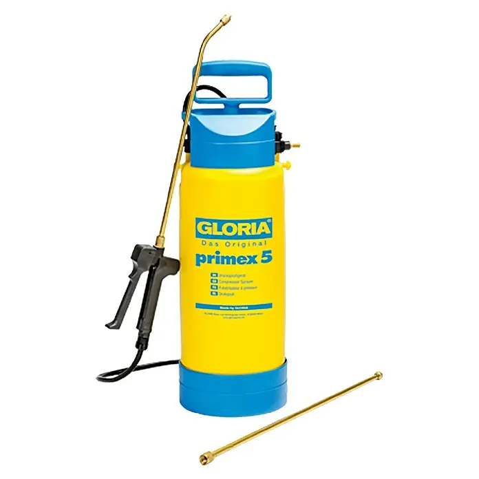 Gloria Drucksprühgerät Primex 5 mit Messing Verlängerungsrohr - 5 l - GLORIA Drucksprüher Primex 5, ein gelb-blauer Behälter mit Sprühlanze und Griff für den Garten- und Pflanzenschutz, mit praktischem Tragegriff.