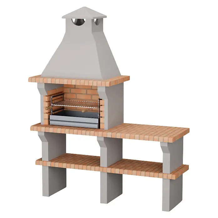 Sotnas Barbacoa de obra Benguela - Gris/Ladrillo, An x Pr x Al: 168 x 60 x 217 cm, Superficie parrilla: 60 x 38 cm, Sin fregadero - Barbacoa de obra con chimenea de hormigón gris claro, hogar de ladrillo, parrilla y estantes laterales.