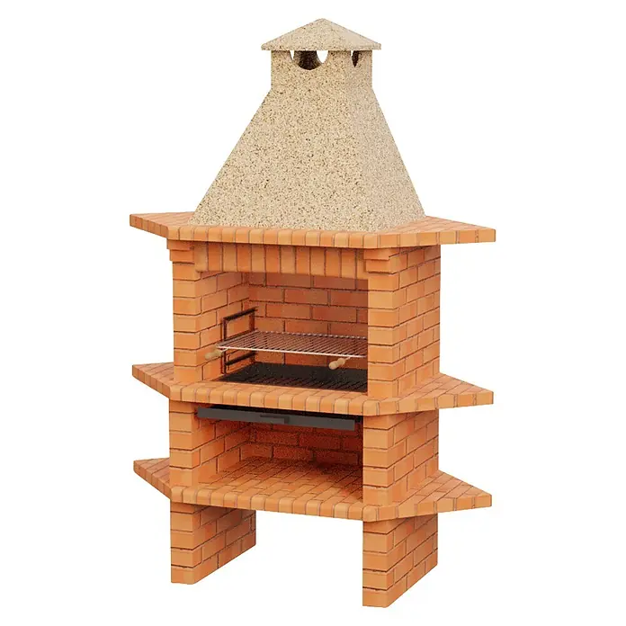Sotnas Barbacoa de obra Barcelos Angular - Crema/Ladrillo, An x Pr x Al: 161 x 80 x 231 cm, Superficie parrilla: 69 x 48 - Barbacoa de ladrillo de terracota con campana granulada color arena y parrillas metálicas ajustables. Con estante inferior.