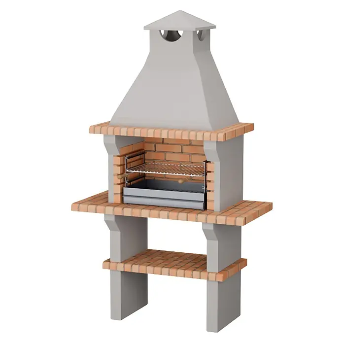 Sotnas Barbacoa de obra Benguela - Gris/Ladrillo, An x Pr x Al: 127 x 60 x 217 cm, Superficie parrilla: 60 x 38 cm, Sin fregadero - Barbacoa de exterior de hormigón gris claro y ladrillo con chimenea, parrilla y estante inferior.