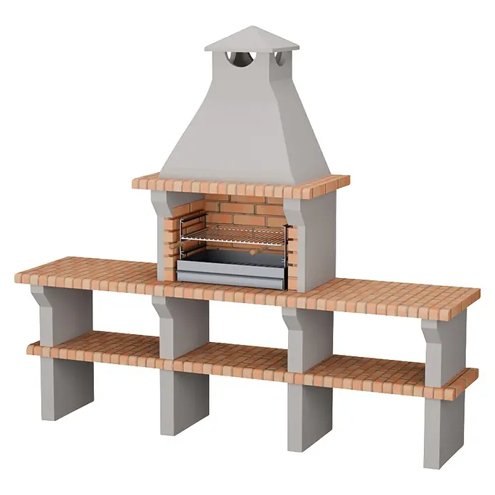 Sotnas Barbacoa de obra Benguela - Gris/Ladrillo, An x Pr x Al: 241 x 60 x 217 cm, Superficie parrilla: 60 x 38 cm, Sin fregadero - Una barbacoa de exterior de hormigón gris claro y ladrillo con chimenea, parrilla metálica y cajón de cenizas.