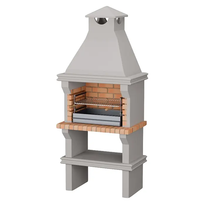 Sotnas Barbacoa de obra Ibiza - Gris/Ladrillo, An x Pr x Al: 90 x 60 x 219 cm, Superficie parrilla: 60 x 38 cm, Sin fregadero - Barbacoa de jardín gris con hogar de ladrillo, parrilla metálica y estante inferior.