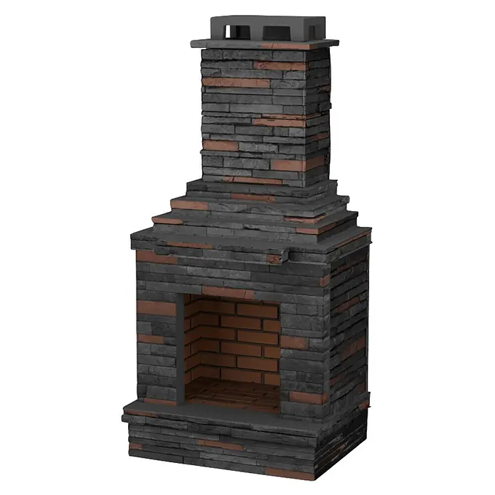 Sotnas Chimenea de exterior Sao Paulo - Gris, An x Pr x Al: 94 x 70 x 195 cm, Cemento de aluminato de calcio - Chimenea exterior de revestimiento de piedra con ladrillos grises y rojizos, con hogar y chimenea.