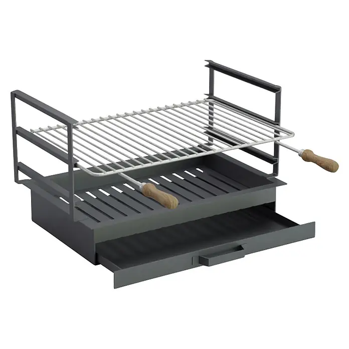 Sotnas Cajón para barbacoa - An x Pr x Al: 60 x 38 x 20 cm, Acero, Encastrada - Parrilla de metal con rejilla blanca, estructura gris oscuro y cajón de cenizas extraíble con herramienta de madera.