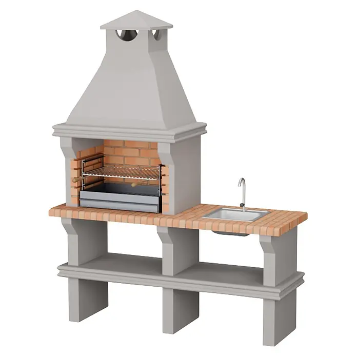 Sotnas Barbacoa de obra Ibiza - Gris/Ladrillo, An x Pr x Al: 168 x 60 x 219 cm, Superficie parrilla: 60 x 38 cm, Con fregadero - Barbacoa de hormigón gris claro con parrilla de ladrillo y fregadero integrado. Incluye chimenea y encimera lateral.