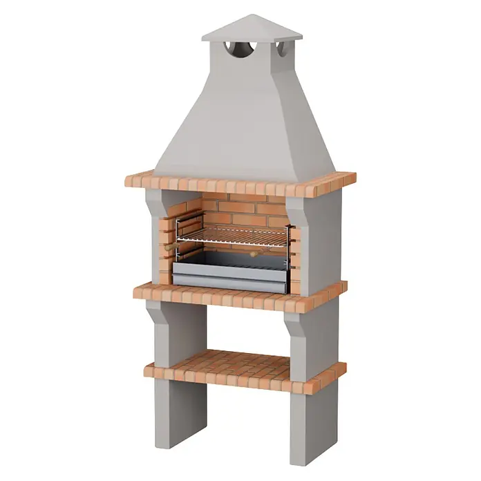 Sotnas Barbacoa de obra Benguela - Gris/Ladrillo, An x Pr x Al: 90 x 60 x 217 cm, Superficie parrilla: 60 x 38 cm, Sin fregadero - Barbacoa de ladrillo y gris con chimenea, parrilla y estante inferior.