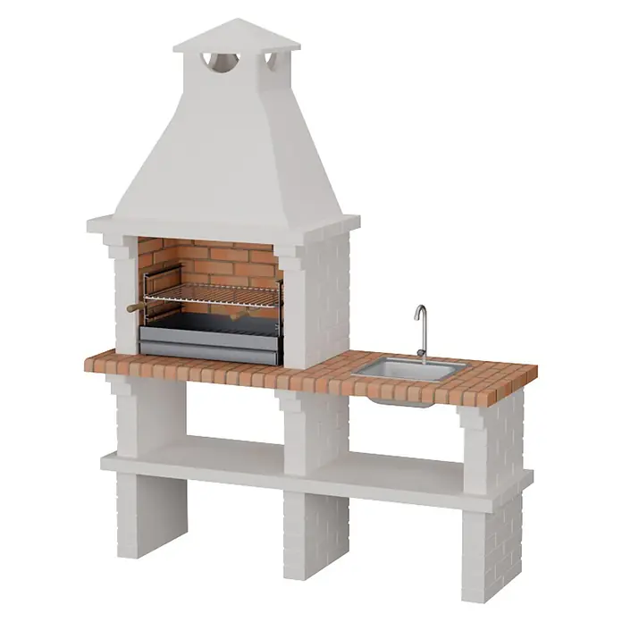 Sotnas Barbacoa de obra Monaco - Blanco, An x Pr x Al: 168 x 60 x 217 cm, Superficie parrilla: 60 x 38 cm, Con fregadero - Barbacoa de mampostería blanca con encimera de ladrillo rojizo y fregadero integrado, con parrilla y estante inferior.