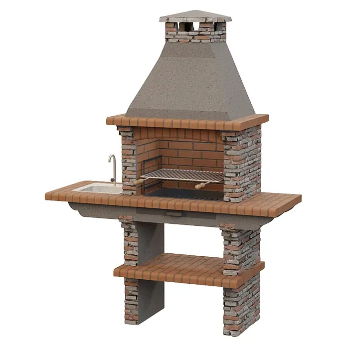 Sotnas Barbacoa de obra Paris - Gris, An x Pr x Al: 164 x 60 x 219 cm, Superficie parrilla: 60 x 38 cm, Izquierda - Barbacoa de ladrillo con chimenea de hormigón, fregadero integrado y estante inferior.