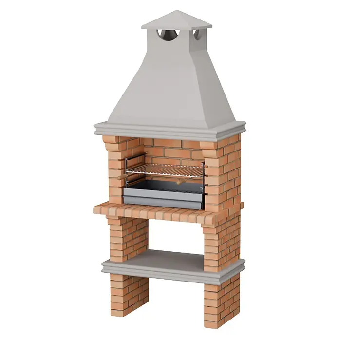 Sotnas Barbacoa de obra Luanda - Gris/Ladrillo, An x Pr x Al: 90 x 60 x 219 cm, Superficie parrilla: 60 x 38 cm, Sin fregadero - Barbacoa de ladrillo con campana gris, parrilla y estantes inferiores.