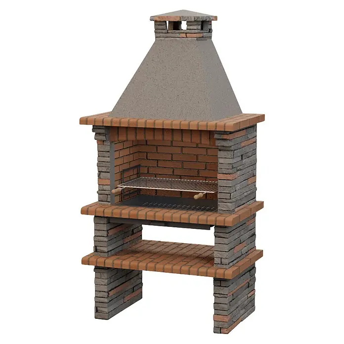 Sotnas Barbacoa de obra Berlim - Gris, An x Pr x Al: 115 x 73 x 226 cm, Superficie parrilla: 78 x 48 cm - Barbacoa de ladrillo y hormigón para exterior con chimenea, parrilla metálica y estantes inferiores.