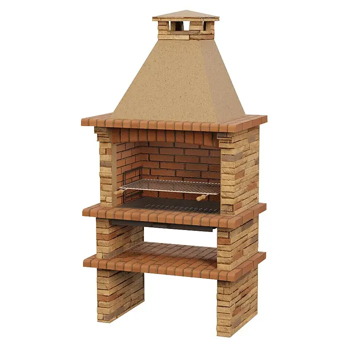 Sotnas Barbacoa de obra Berlim - Castaño, An x Pr x Al: 115 x 73 x 226 cm, Superficie parrilla: 78 x 48 cm - Barbacoa de ladrillo de terracota con chimenea, parrilla y estantes inferiores.