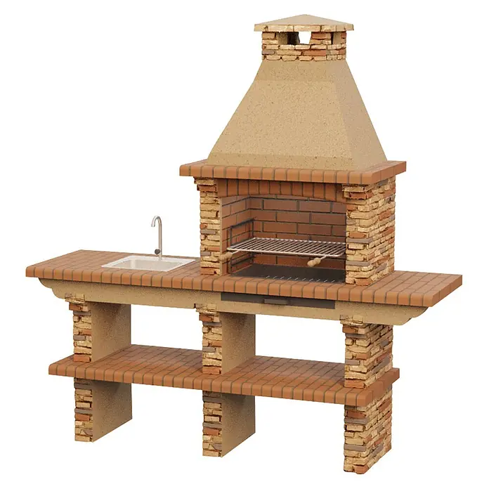 Sotnas Barbacoa de obra Paris - Castaño, An x Pr x Al: 211 x 60 x 219 cm, Superficie parrilla: 60 x 38 cm, Izquierda - Barbacoa exterior de ladrillo y estación de cocina con fregadero integrado y estantes de almacenamiento.