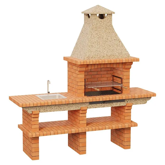 Sotnas Barbacoa de obra Barcelos Ladrillo con mesa - Crema/Ladrillo, An x Pr x Al: 214 x 60 x 219 cm, Superficie parrilla: 60 x 38 cm, Izquierda con fregadero - Cocina de barbacoa exterior de ladrillo terracota con chimenea de piedra clara, fregadero integrado, grifo, parrillas y estantes.