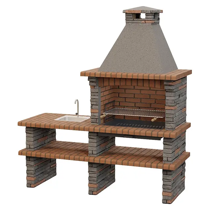 Sotnas Barbacoa de obra Berlim - Gris, An x Pr x Al: 200 x 73 x 226 cm, Superficie parrilla: 78 x 48 cm, Izquierda - Barbacoa de jardín de ladrillo con campana gris, fregadero integrado y estantes inferiores.