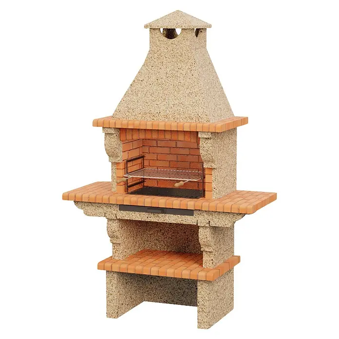 Sotnas Barbacoa de obra Barcelos Cerrada - Crema/Ladrillo, An x Pr x Al: 146 x 60 x 225 cm, Superficie parrilla: 60 x 38 cm, Doble mesa - Barbacoa de piedra para jardín con chimenea, acentos de terracota, parrilla de metal y estantes inferiores.