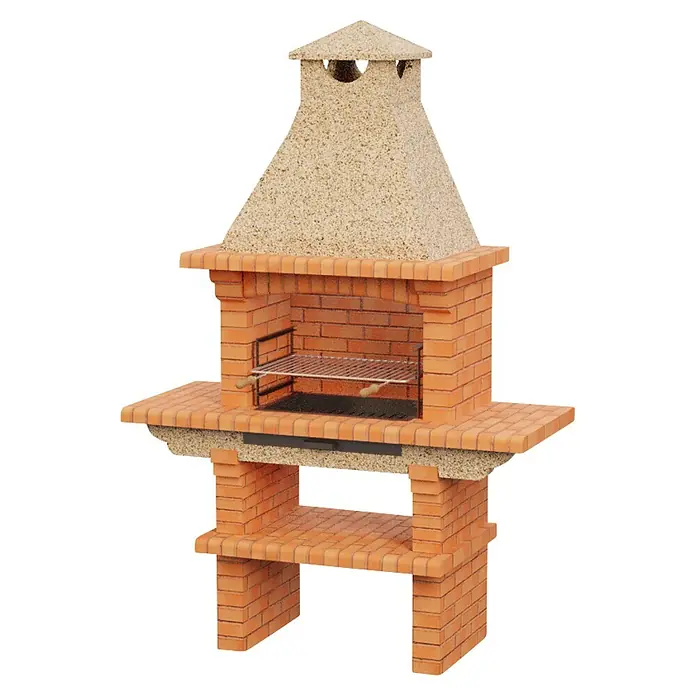Sotnas Barbacoa de obra Barcelos Ladrillo - Crema/Ladrillo, An x Pr x Al: 146 x 60 x 219 cm, Superficie parrilla: 60 x 38 cm - Barbacoa de ladrillo con campana de piedra clara, encimeras laterales y estante inferior.