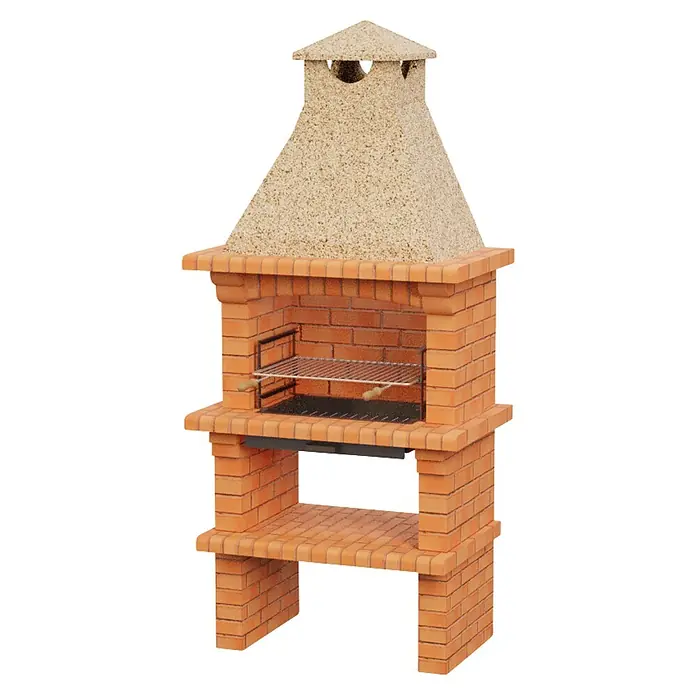 Sotnas Barbacoa de obra Barcelos Ladrillo - Crema/Ladrillo, An x Pr x Al: 98 x 60 x 217 cm, Superficie parrilla: 60 x 38 cm - Barbacoa de jardín independiente de ladrillos rojizos con chimenea de hormigón claro y parrillas metálicas.