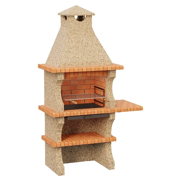 Sotnas Barbacoa de obra Barcelos Cerrada - Crema/Ladrillo, An x Pr x Al: 128 x 60 x 219 cm, Superficie parrilla: 60 x 38 cm, Derecha - Barbacoa exterior de piedra clara y ladrillo de terracota con chimenea, parrilla y estantes laterales.