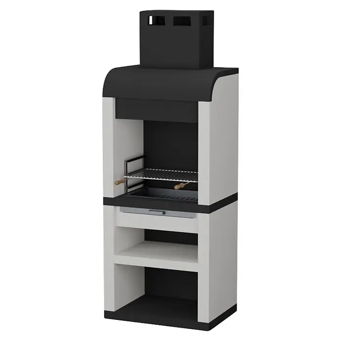Sotnas Barbacoa de obra Faro - Blanco/Negro, An x Pr x Al: 80 x 55 x 217 cm, Superficie parrilla: 60 x 38 cm - Barbacoa de mampostería blanca y negra con chimenea, parrilla ajustable y estantes inferiores.