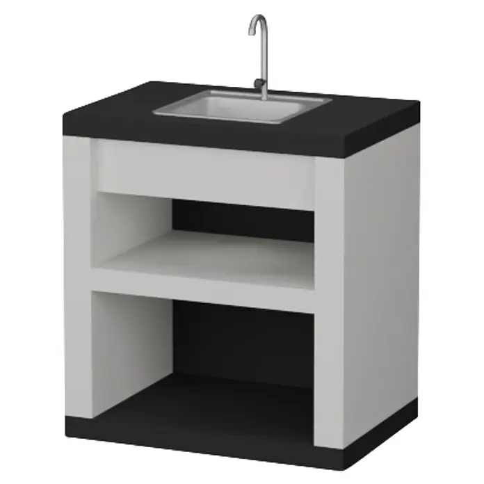 Sotnas Mesa de barbacoa para barbacoa Faro con fregadero - Blanco/Negro, An x Pr x Al: 80 x 55 x 88 cm, Con fregadero - Mueble de fregadero independiente con encimera negra, fregadero y grifo de acero inoxidable, y estantes abiertos blancos.