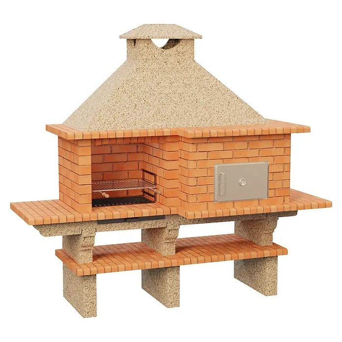 Sotnas Barbacoa con horno Roma - Crema/Ladrillo, An x Pr x Al: 256 x 96 x 236 cm, Superficie parrilla: 60 x 38 cm, Derecha/Cemento - Barbacoa exterior de ladrillo terracota y hormigón con parrilla integrada, horno lateral, chimenea y estantes inferiores.