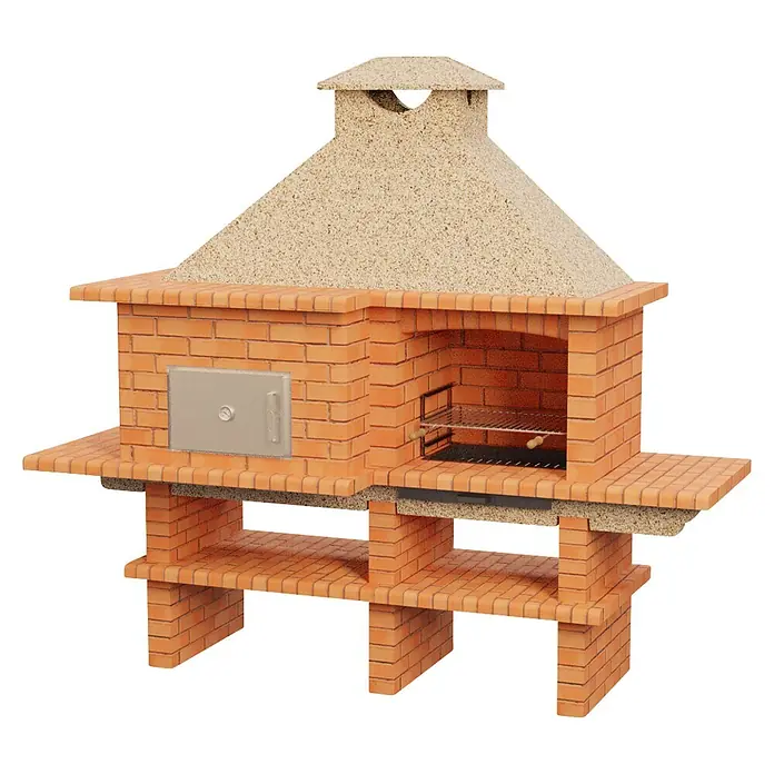 Sotnas Barbacoa con horno Roma - Crema/Ladrillo, An x Pr x Al: 256 x 96 x 236 cm, Superficie parrilla: 60 x 38 cm, Izquierda/Ladrillo - Barbacoa de ladrillo con techo de arena, horno integrado y parrillas metálicas.