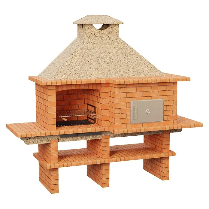Sotnas Barbacoa con horno Roma - Crema/Ladrillo, An x Pr x Al: 256 x 96 x 236 cm, Superficie parrilla: 60 x 38 cm, Derecha/Ladrillo - Barbacoa de ladrillo rojo con chimenea texturizada en arena, parrilla metálica y horno integrado. Con superficies laterales y estantes inferiores.