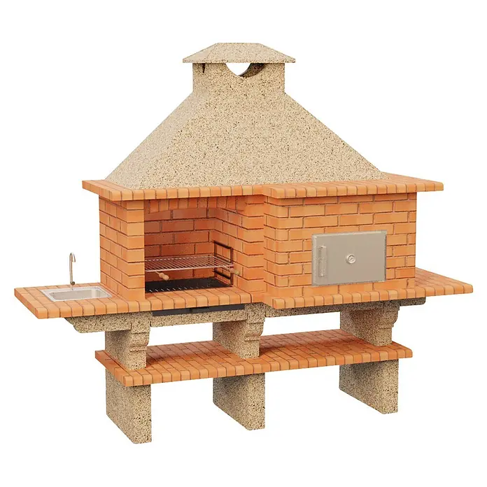 Sotnas Barbacoa con horno Roma - Crema/Ladrillo, An x Pr x Al: 268 x 96 x 236 cm, Superficie parrilla: 60 x 38 cm, Derecha/Cemento - Barbacoa exterior de ladrillo y hormigón con fregadero lateral y horno integrado.