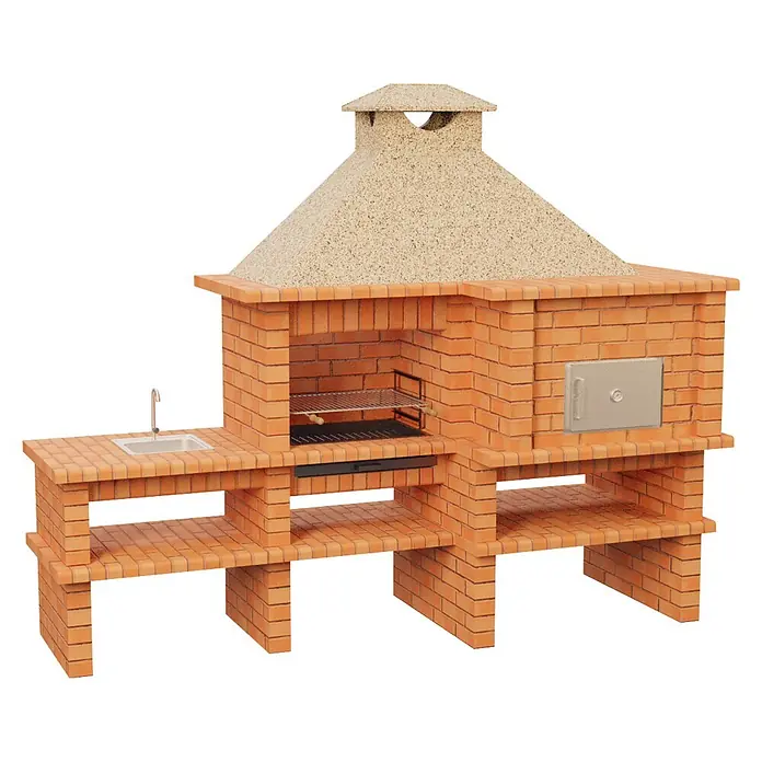 Sotnas Barbacoa con horno Roma - Crema/Ladrillo, An x Pr x Al: 300 x 108 x 247 cm, Superficie parrilla: 69 x 48 cm, Derecha/Ladrillo - Cocina exterior de ladrillo terracota con parrilla, fregadero, horno y estantes integrados.
