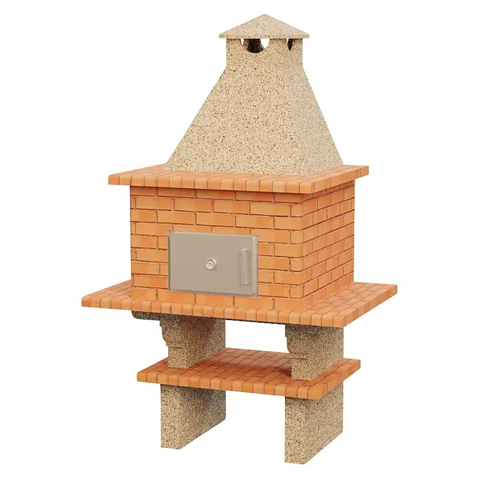 Sotnas Horno de piedra Roma - An x Pr x Al: 144 x 96 x 233 cm, Cemento de aluminato de calcio - Barbacoa de ladrillo con chimenea y base claras y texturizadas, con puerta metálica frontal y dos estantes integrados.