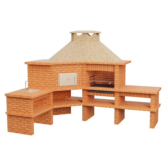 Sotnas Barbacoa con horno Roma - Crema/Ladrillo, An x Pr x Al: 310 x 73 x 237 cm, Superficie parrilla: 69 x 48 cm, Izquierda/Ladrillo - Barbacoa exterior de ladrillo terracota con chimenea color arena, fregadero, parrilla, horno y estantes.