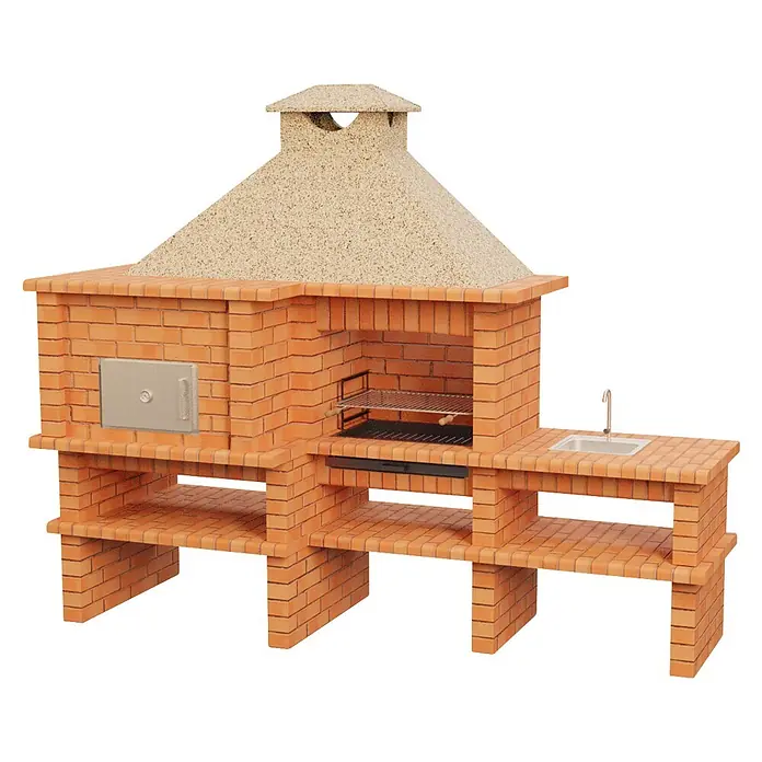 Sotnas Barbacoa con horno Roma - Crema/Ladrillo, An x Pr x Al: 300 x 108 x 247 cm, Superficie parrilla: 69 x 48 cm, Izquierda/Ladrillo - Barbacoa exterior de ladrillo con horno y fregadero integrados, con una campana texturizada clara.
