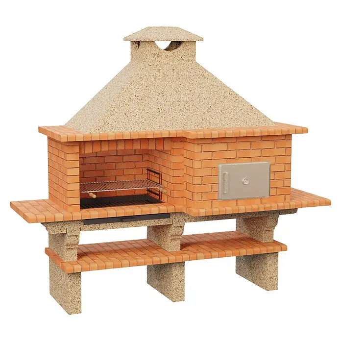 Sotnas Barbacoa con horno Roma - Crema/Ladrillo, An x Pr x Al: 266 x 96 x 238 cm, Superficie parrilla: 78 x 48 cm, Derecha/Cemento - Barbacoa de ladrillo terracota con campana y base de textura arenosa clara, con zona de parrilla, horno integrado y estantes inferiores.