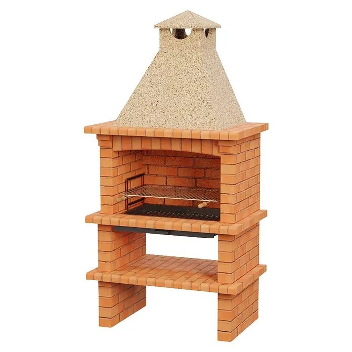 Sotnas Barbacoa de obra Barcelos Ladrillo - Crema/Ladrillo, An x Pr x Al: 115 x 73 x 231 cm, Superficie parrilla: 79 x 48 cm - Barbacoa de ladrillo exterior con campana de color arena y parrillas metálicas para cocinar.