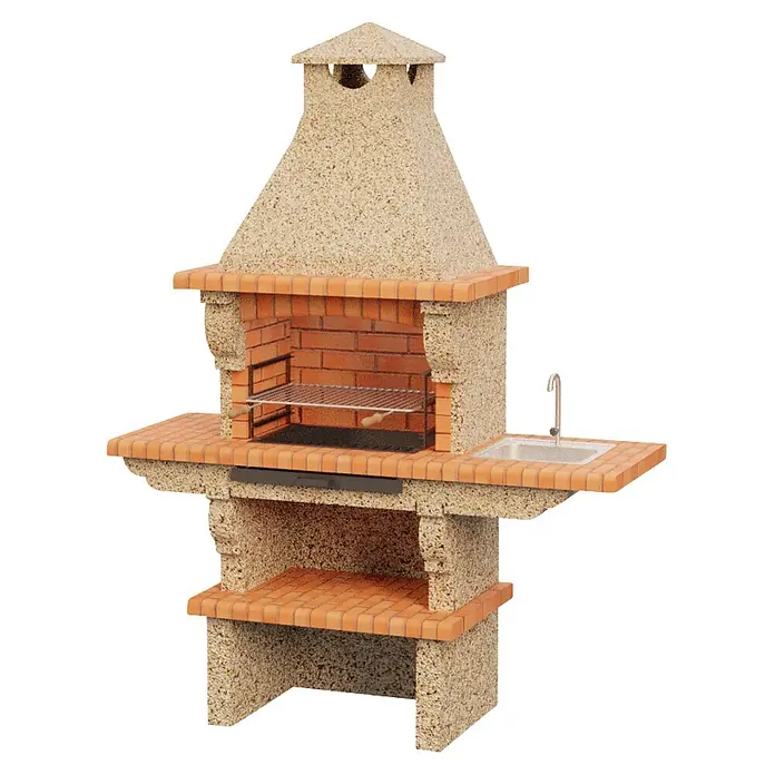 Sotnas Barbacoa de obra Barcelos Cerrada - Crema/Ladrillo, An x Pr x Al: 196 x 60 x 225 cm, Superficie parrilla: 60 x 38 cm, Derecha con fregadera - Barbacoa de jardín de piedra con área de parrilla de ladrillo marrón, chimenea, encimera lateral y fregadero integrado.