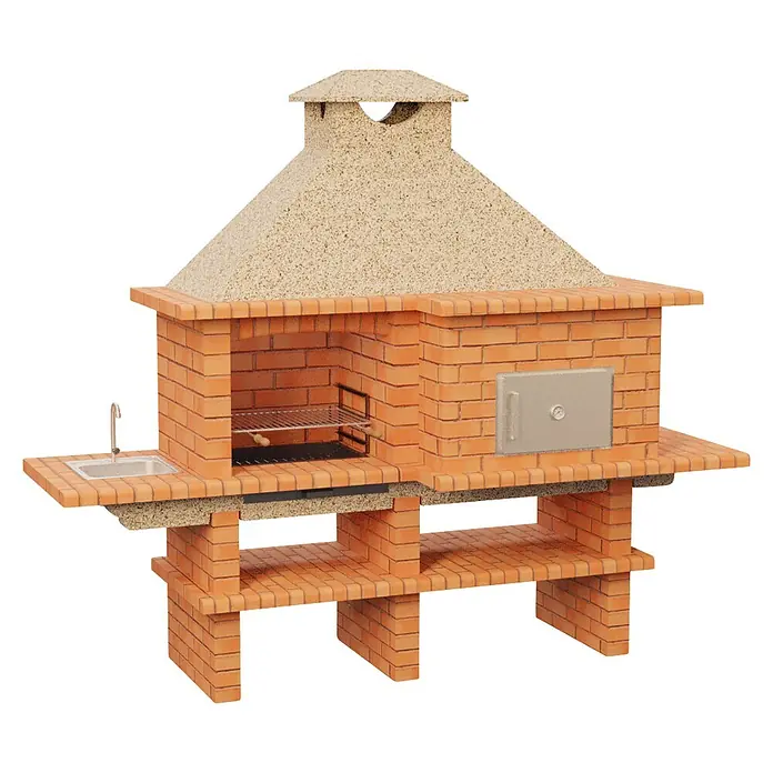 Sotnas Barbacoa con horno Roma - Crema/Ladrillo, An x Pr x Al: 268 x 96 x 236 cm, Superficie parrilla: 60 x 38 cm, Derecha/Ladrillo - Robusta barbacoa de ladrillo con parrilla integrada, fregadero, horno y estantes inferiores.