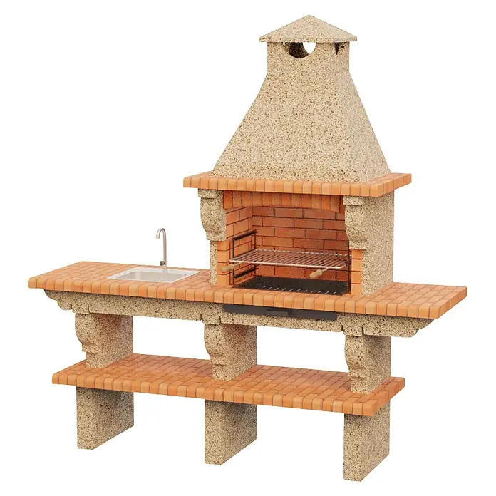 Sotnas Barbacoa de obra Barcelos con mesa - Crema/Ladrillo, An x Pr x Al: 214 x 60 x 223 cm, Superficie parrilla: 60 x 38 cm, Izquierda con fregadero - Barbacoa de exterior prefabricada de ladrillo y piedra con chimenea, fregadero integrado, encimera y estante inferior.
