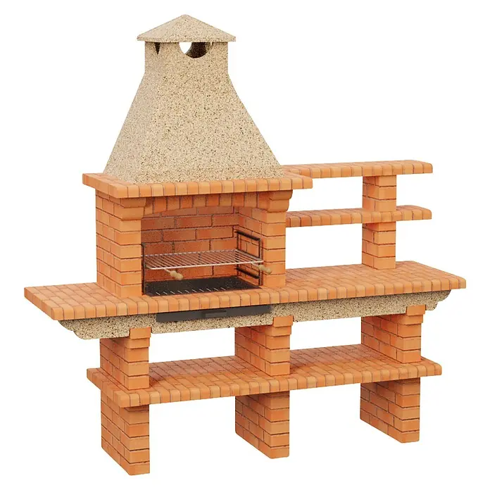 Sotnas Barbacoa de obra Barcelos Ladrillo con mesa - Crema/Ladrillo, An x Pr x Al: 214 x 60 x 219 cm, Superficie parrilla: 60 x 38 cm, Derecha sin fregadero - Barbacoa de ladrillo con chimenea moteada y estantes laterales.