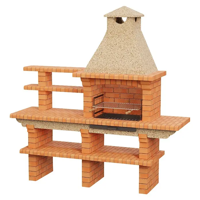 Sotnas Barbacoa de obra Barcelos Ladrillo con mesa - Crema/Ladrillo, An x Pr x Al: 214 x 60 x 219 cm, Superficie parrilla: 60 x 38 cm, Izquierda sin fregadero - Barbacoa de ladrillo con chimenea de textura arenosa, estantes y parrilla.
