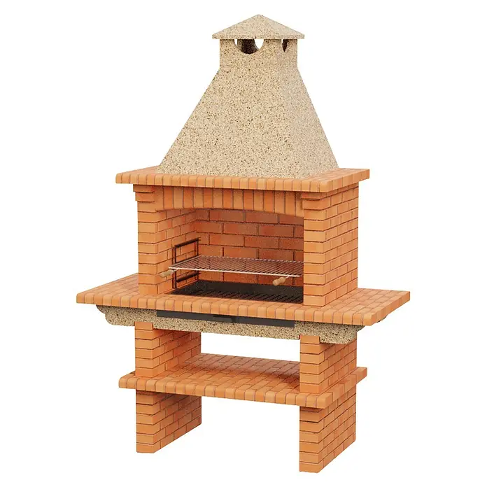Sotnas Barbacoa de obra Barcelos Ladrillo - Crema/Ladrillo, An x Pr x Al: 163 x 73 x 233 cm, Superficie parrilla: 79 x 48 cm - Barbacoa de ladrillo con detalles de hormigón y parrilla metálica, con mesas laterales y un estante inferior.
