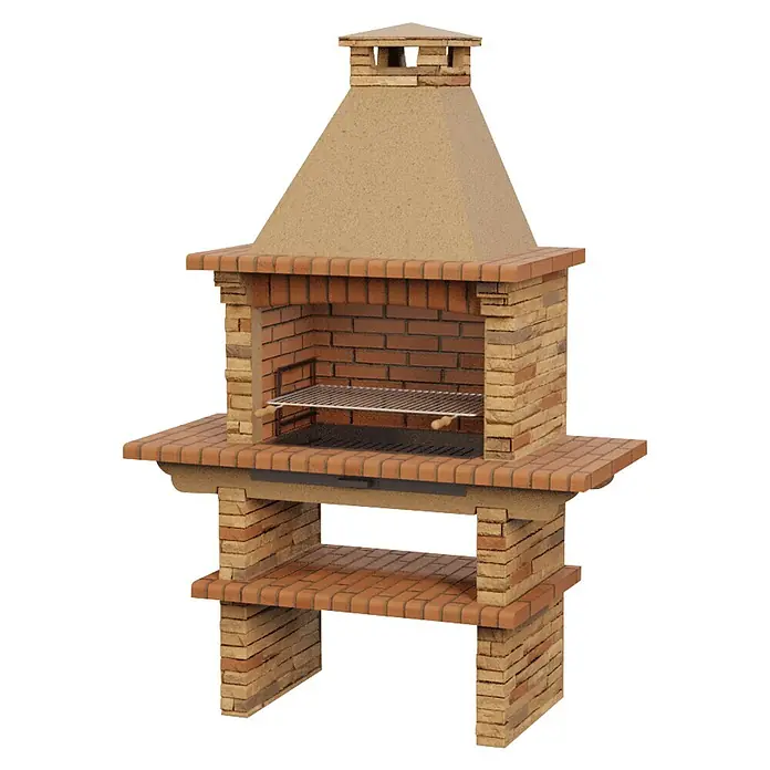 Sotnas Barbacoa de obra Berlim - Castaño, An x Pr x Al: 163 x 73 x 234 cm, Superficie parrilla: 78 x 48 cm - Barbacoa de obra independiente con chimenea, parrilla metálica y estantes inferiores. Hecha de ladrillos rojizos y beige.