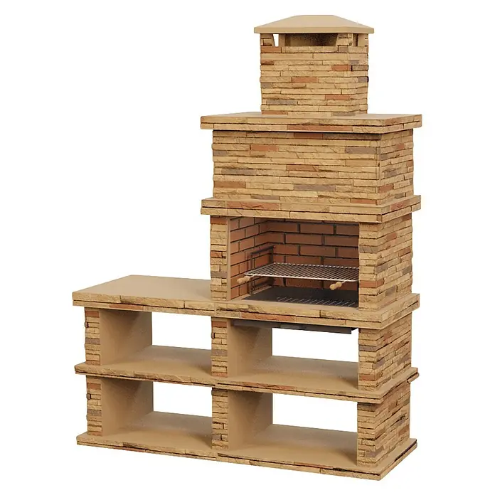 Sotnas Barbacoa de obra Londres - Castaño, An x Pr x Al: 186 x 68 x 245 cm, Superficie parrilla: 69 x 48 cm, Izquierda sin fregadera - Barbacoa de exterior de piedra clara con chimenea, parrillas y encimera lateral y estantes integrados.