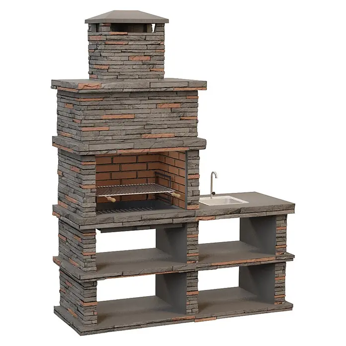 Sotnas Barbacoa de obra Londres con fregadera - Gris, An x Pr x Al: 186 x 68 x 245 cm, Superficie parrilla: 69 x 48 cm, Derecha con fregadera - Cocina exterior de aspecto de piedra con parrilla, fregadero y estantes de almacenaje integrados.