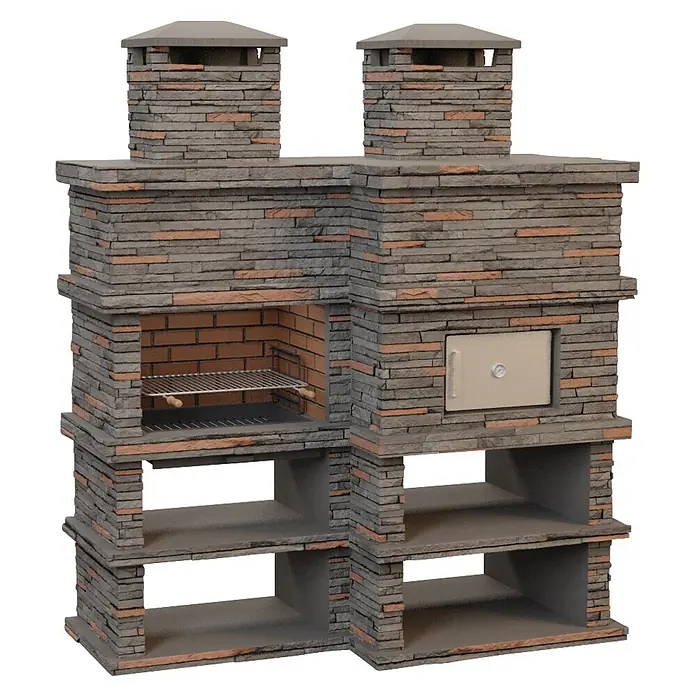 Sotnas Barbacoa con horno Londres - Gris, An x Pr x Al: 206 x 98 x 245 cm, Superficie parrilla: 69 x 48 cm, Derecha - Unidad exterior de barbacoa y horno de pizza de ladrillo de piedra con dos chimeneas, parrilla integrada, horno y estantes.
